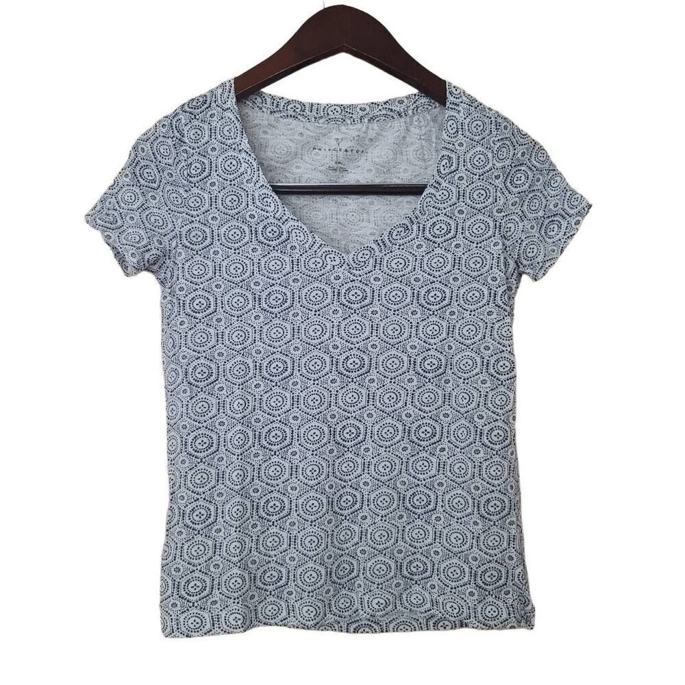 Prince & Fox Women's Blue White Geometric V-Neck Short Sleeve T-Shirt Size Small